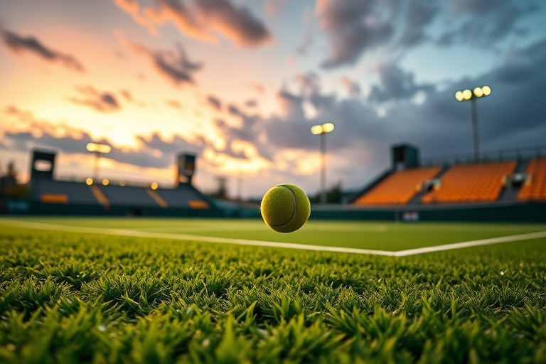"Tennis court at dusk, vibrant green grass, yellow stadium lights reflecting off dewy surface, dynamic shadows, a lone tennis ball in mid-air, blurred motion, dramatic sky with clouds."
