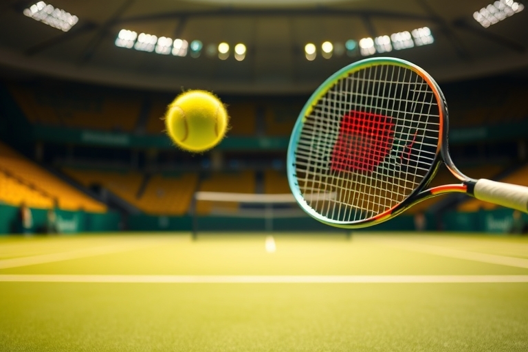 "Vibrant tennis court with energetic tennis ball in mid-air, Felix Auger-Aliassime's racket in motion, blurred background of a tennis stadium, dynamic yellow and green colors, dramatic lighting."
