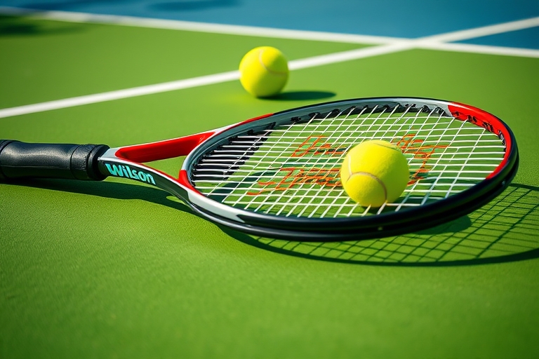 "A tennis racket lies abandoned on a vibrant green tennis court, with a yellow ball bouncing in the background, reflected off the racket's strings as a Wilson Pro Staff and Babolat Pure Drive stand si