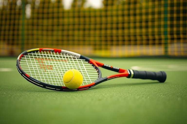 "A tennis racket lies abandoned on the vibrant green tennis court as a yellow tennis ball bounces towards it, surrounded by a blurred blur of yellow and green netting in the background."