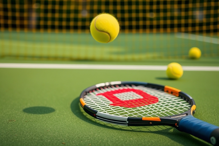 "A tennis racket lying abandoned on a vibrant green tennis court, with a yellow tennis ball bouncing high in the air, surrounded by a blurred background of yellow strings and a few scattered tennis ba