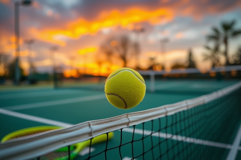 "Vibrant tennis court at sunset, with a lone tennis ball hovering above the net, surrounded by fluttering yellow and green tennis rackets and a blurred net that stretches into the background, with war