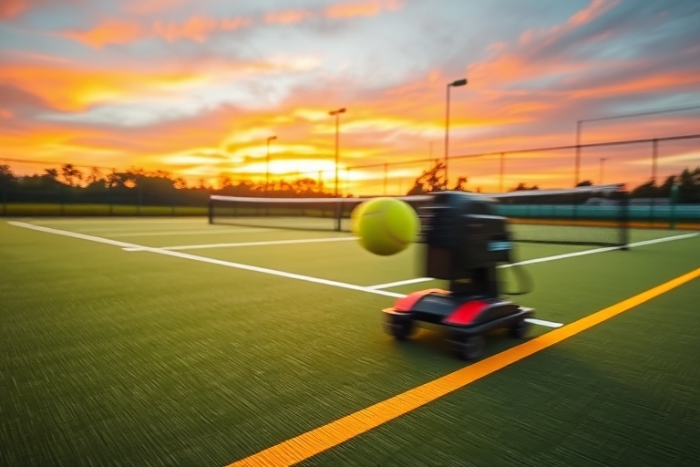 "Tennis court at sunset, vibrant green grass, yellow lines, and ball machine in action, with a high-speed ball in mid-air, blurred movement, and a dramatic sky with warm orange and pink hues."