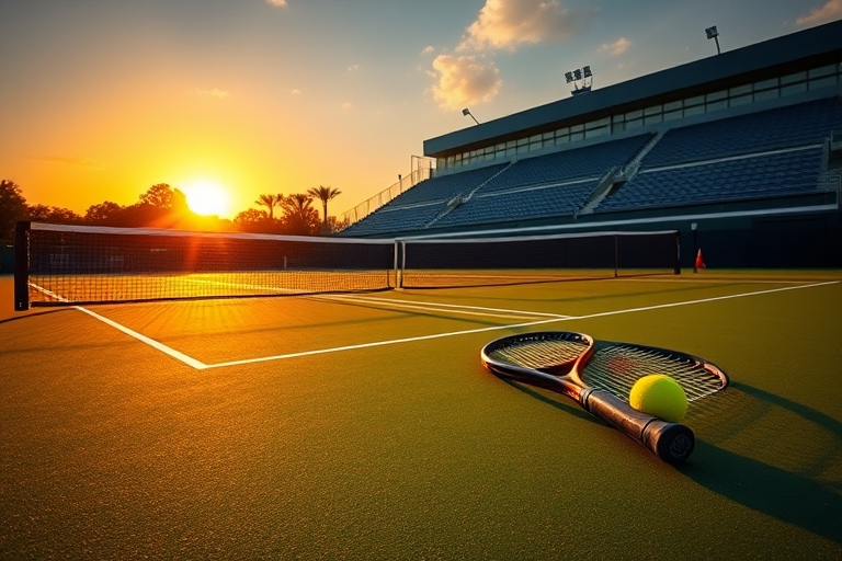 "A vibrant tennis court at dusk with the sun setting behind a grandstand, casting long shadows on the court. A lone tennis racket lies on the baseline, surrounded by tennis balls and a bright yellow t