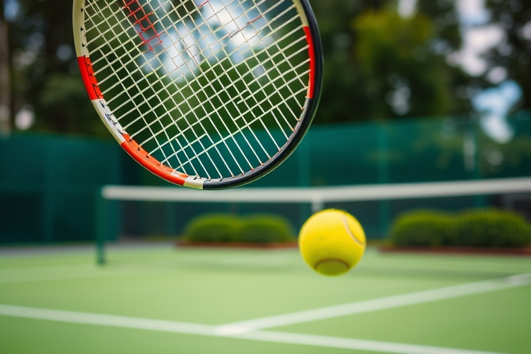 "Photograph a close-up of a tennis racket in mid-air, suspended above a vibrant green tennis court with a yellow ball flying towards it, blurred motion trails and a bright yellow tennis ball bouncing 