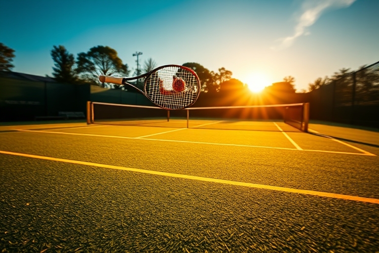 "Tennis court at sunset, vibrant green grass and yellow lines, dramatic shadows, racket and ball in mid-air, blurred motion, bold and dynamic composition"