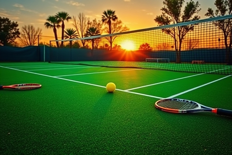"Tennis court in full swing at sunset, vibrant green grass and yellow ball bouncing on the net, dynamic lighting with warm tones, tennis rackets and balls scattered across the court, net flapping in t