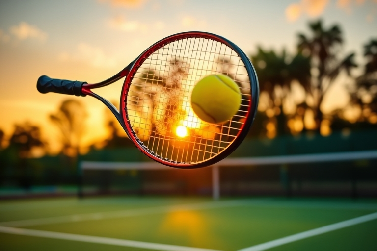 "A tennis court at sunset, vibrant green and yellow hues, racket and ball in mid-air, blurred motion, dynamic composition, net in focus, bright yellow tennis ball and racket glowing with backlight."
