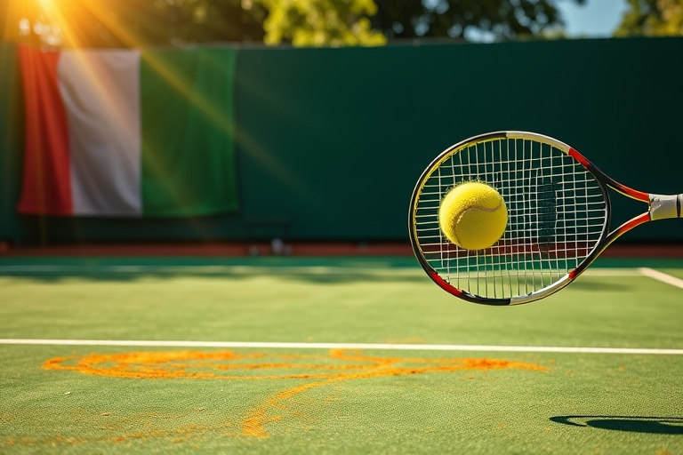 "A tennis ball bounces high on a vibrant green clay court, as a tennis racket slices through the air, leaving a trail of yellow and orange streaks in the sun-drenched atmosphere, with the Italian flag