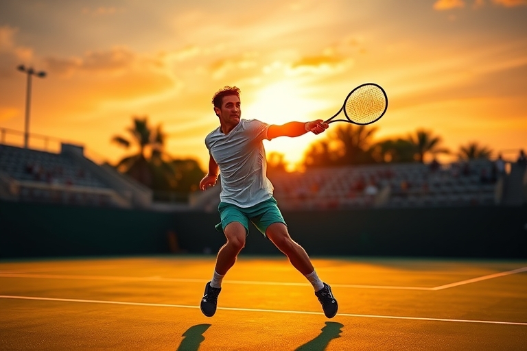 "Vibrant tennis court at dusk, Fognini in mid-swing, backlit with warm orange light, green and yellow court lines, blur of racket and ball, dynamic motion, dramatic shadows."
