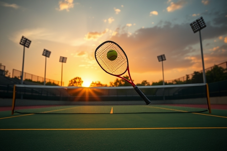 "A court in the midst of a sunset, with the racket and ball in mid-air, surrounded by the vibrant green grass and the bright yellow lines, the net in the foreground, and the stadium lights in the back