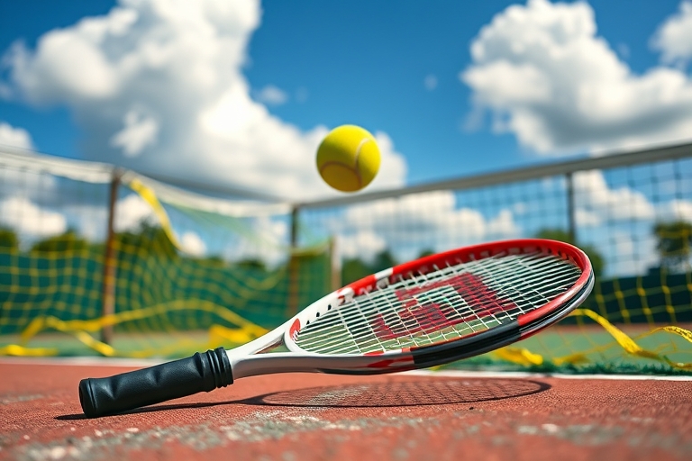 "Tennis racket lies abandoned on a worn tennis court, surrounded by fluttering yellow and green netting, with a blurred tennis ball in mid-air, set against a bright blue sky with fluffy white clouds."