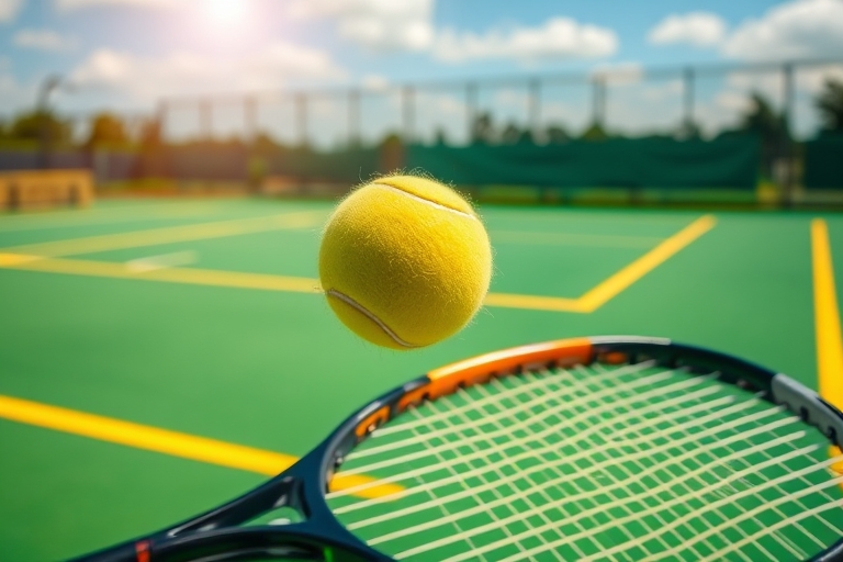 "A tennis ball in mid-air, frozen in a dramatic arc, with a blurred tennis racket in the foreground, against a vibrant green hard court background with yellow lines and a sunny sky."