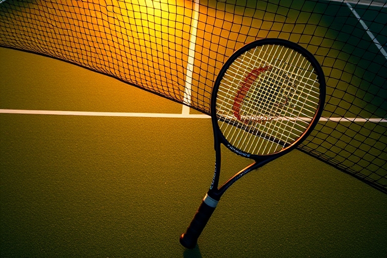 "Overhead tennis court scene at sunset, vibrant green grass and yellow lines, a Head Graphene racket and a Wilson Pro Staff racket leaning against the net, strings and shadows casting dramatic silhoue