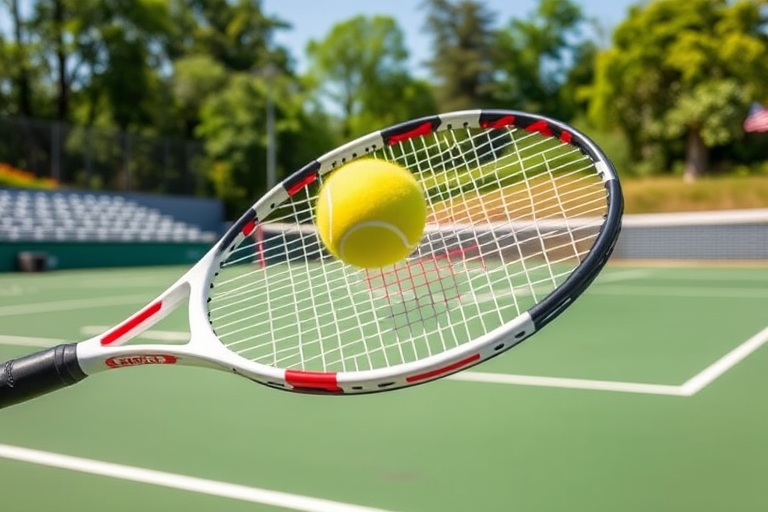 "A tennis racket slices through the air, hitting a yellow tennis ball with a forehand topspin stroke, surrounded by lush green tennis court lines, net, and bleachers in a bright and sunny atmosphere."