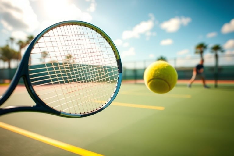 "A close-up of a tennis racket slicing through the air, with a blurred tennis ball in mid-flight, against a bright green tennis court with vibrant yellow lines and a sunny sky in the background, with 