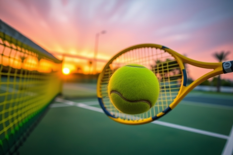 "A tennis court at sunset, with a tennis ball flying through the air, surrounded by vibrant green and yellow netting, and a blurred motion trail behind the ball, with a dramatic yellow tennis racket i