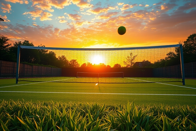 "A tennis court in the midst of a vibrant sunset, with the net at center frame, surrounded by lush green grass and bright yellow tennis balls scattered about, a few balls in mid-air, strings of the ra