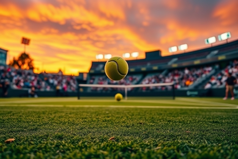"A tennis court at sunset, with vibrant green grass and yellow tennis ball bouncing in mid-air, surrounded by a blurred crowd and stadium lights, with a dramatic sky of orange and pink hues."