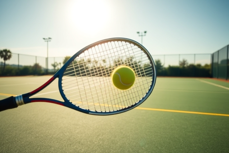 "A tennis racket slices through the air, creating a blur of motion with a tennis ball spinning wildly, set against a vibrant green tennis court with yellow lines and a bright sunny sky in the backgrou