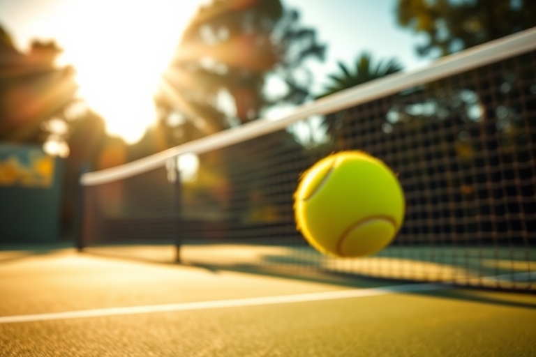 "A tense tennis match on a sun-drenched court, with a lone tennis ball flying towards the camera, captured in a blur of vibrant green and yellow hues, against a blurred tennis net and a dramatic, slan