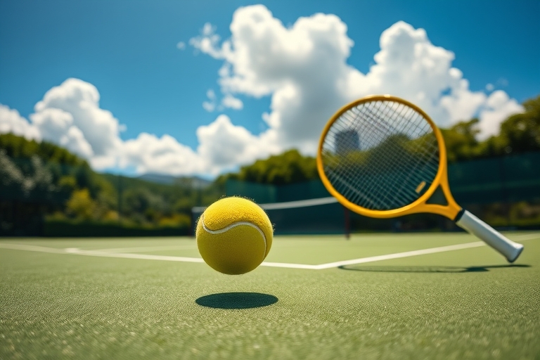 "A tennis ball bounces on a vibrant green tennis court, with a blurred yellow tennis racket in motion, surrounded by lush greenery and a sunny sky with fluffy white clouds"