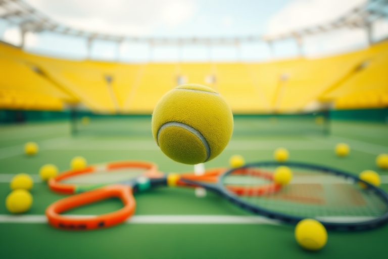 "A tennis ball soaring over a vibrant green tennis court, against a yellow stadium backdrop, with blurred tennis rackets and balls strewn about, conveying a sense of high-energy action and concentrati