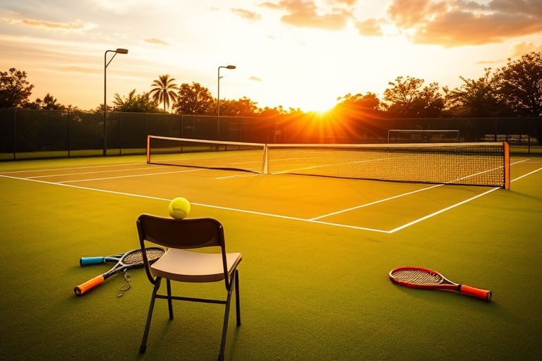 "Tennis court at sunset, vibrant green grass and yellow nets, rackets and balls scattered, an empty player's chair with a tennis ball resting on the seat, dramatic lighting with warm golden tones."