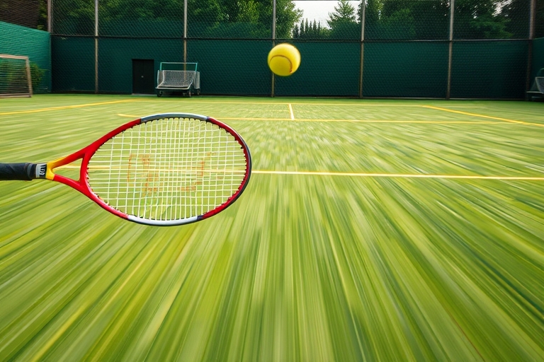 "A tennis court in full motion, vibrant green grass and yellow lines blurred in motion, a tennis racket flying through the air, a ball soaring towards the net, dynamic composition with a shallow depth