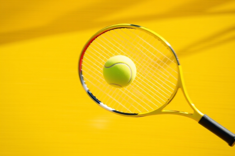 "A high-speed tennis serve in mid-air, captured in a split-second motion, with a blurred green tennis ball and a yellow tennis racket, set against a bright yellow tennis court background with vibrant 