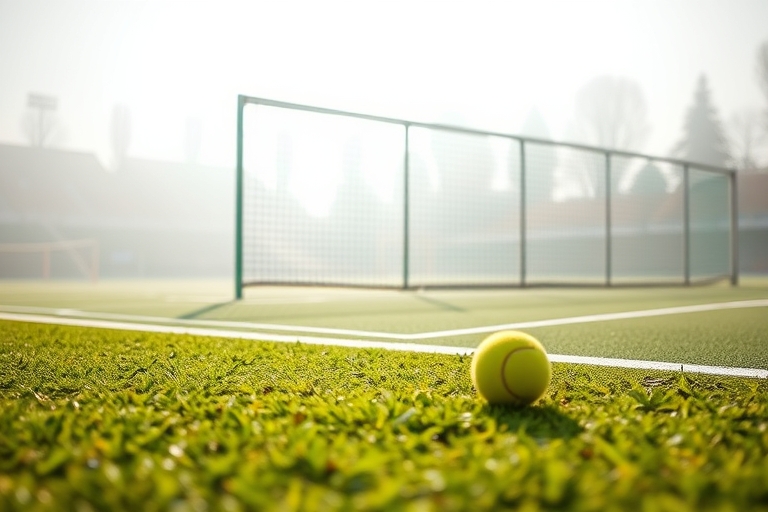 "A tennis court in the mist of a Grand Slam tournament, vibrant green grass and bright yellow ball sitting on the baseline, sunlight shining through the net, blurred motion trails of a tennis racket a