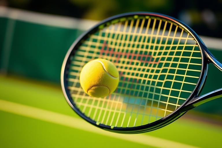 "Tennis racket and ball in mid-air, amidst a blurred tennis court background with vibrant green and yellow colors, dynamic lighting and motion blur, showcasing a perfectly executed volley between a ta