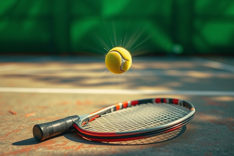 "A tennis racket lies abandoned on a worn tennis court, surrounded by a blur of motion, with a burst of sunlight illuminating a shattered tennis ball in mid-air, against a vibrant green background wit
