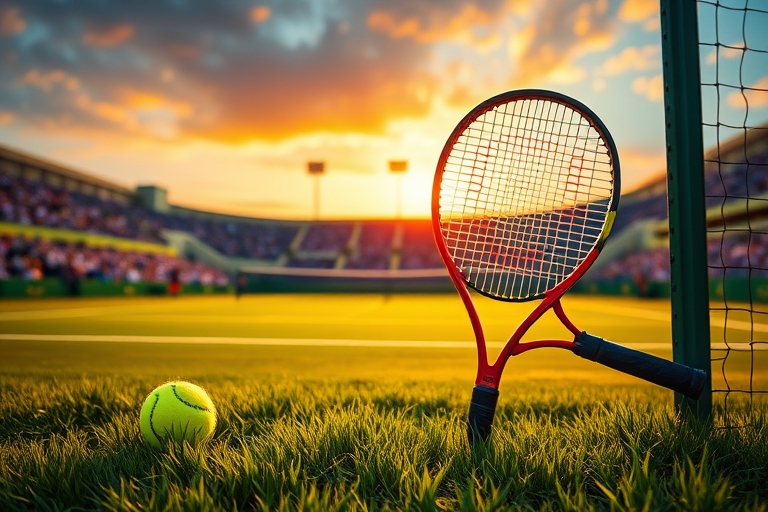 "A vibrant tennis stadium at sunset, with a blurred crowd in the background, a lone tennis racket leaning against a fence in the foreground, surrounded by lush green grass and bright yellow tennis bal