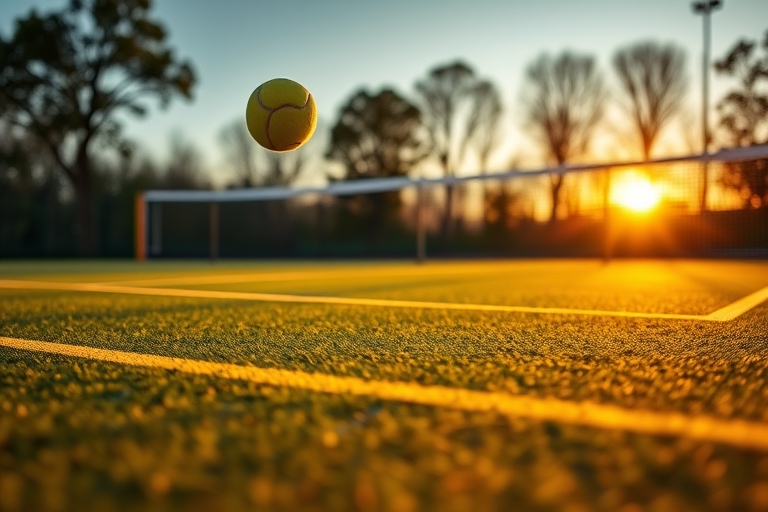 "A tennis court at sunset, vibrant green grass and yellow lines, a tennis ball flying high in mid-air, a blurred net in the background, long shadows stretching across the court, warm golden light illu