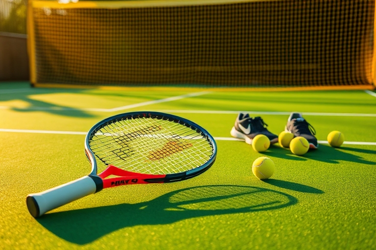 "A tennis racket lying on a vibrant green tennis court, with a yellow net in the background, surrounded by scattered tennis balls and a few strategically placed tennis shoes, bathed in warm golden lig