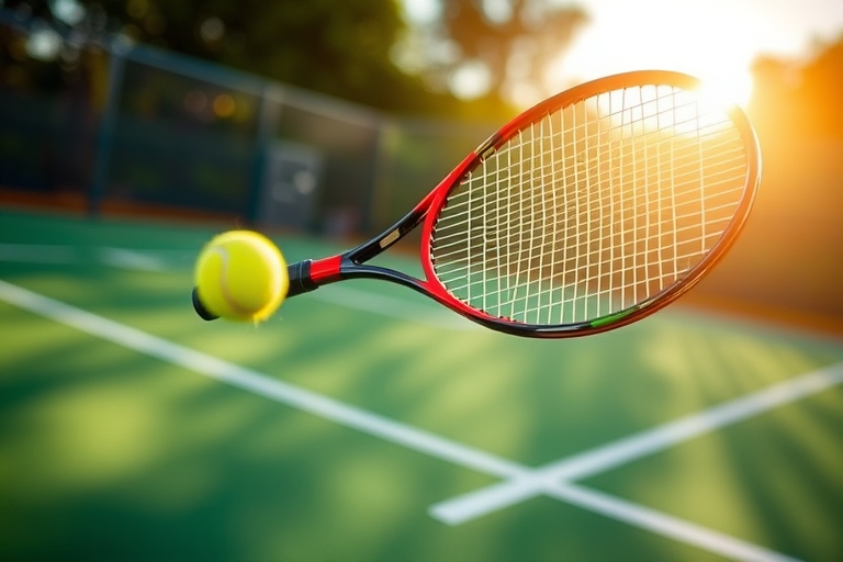"A dynamic tennis racket flies through the air, captured in mid-swing, with a blurred tennis ball in the background, set against a vibrant green tennis court with a burst of bright yellow sunlight and