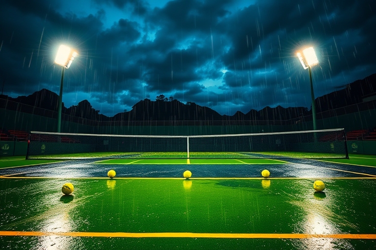 "Tennis court in Rio de Janeiro at dusk, rain-soaked net, vibrant green grass and yellow lines, tennis balls scattered, stadium lights casting dramatic reflections on wet surface"