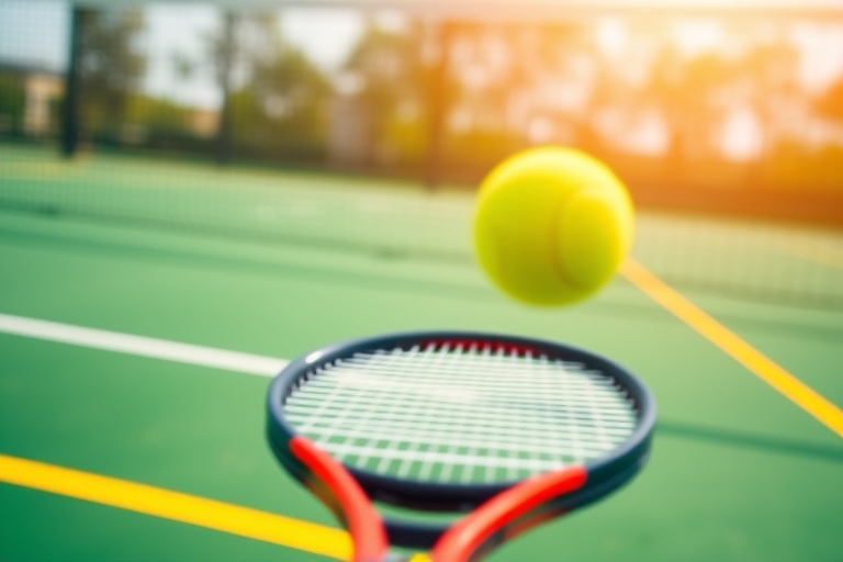 "Serve ace on a sunlit tennis court, showcasing a dynamic tennis ball flying over the net, a blurred tennis racket in the foreground, vibrant green grass and yellow lines, shallow depth of field with 