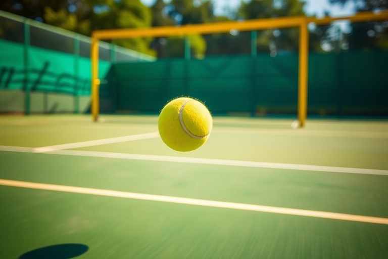 "Tennis ball soaring through the air, captured in mid-bounce on a vibrant green tennis court with a bright yellow net and sunlight reflecting off the court's surface, blurred motion and dynamic compos