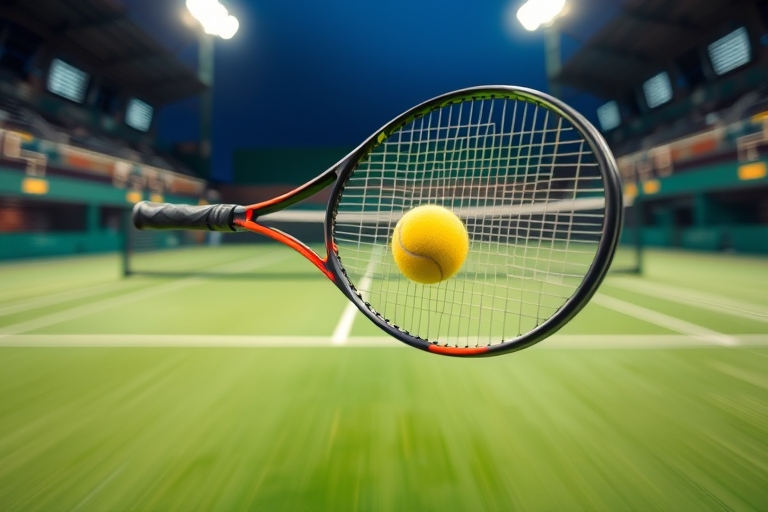 "Racket slices through the air, hitting a yellow tennis ball on a vibrant green tennis court, surrounded by blurred tennis nets and stadium lights, with a dynamic blur effect capturing the motion."