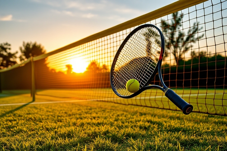 "A vibrant tennis court scene at dusk, with the sun's warm glow casting long shadows on the green grass, as the yellow net stands out against the fading light, with a tennis racket and ball suspended 