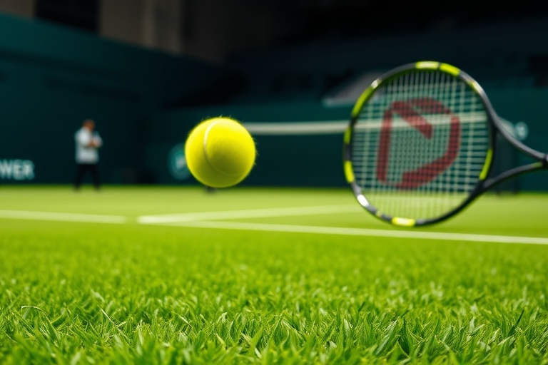 "Tennis court scene: vibrant green grass, yellow ball in mid-air, Ben Shelton's racket in motion, Denis Shapovalov's racket in the background, blurred motion, dramatic lighting, winner's chair in the 