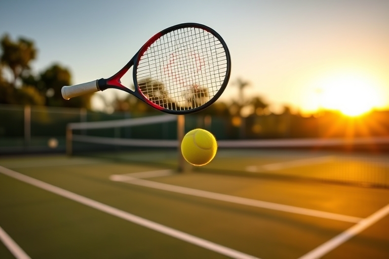 "Vibrant tennis court at sunset, Sinner's racket raised in mid-air, yellow ball flying towards a backhand volley, green net in sharp focus, blurred court background with warm light and long shadows."