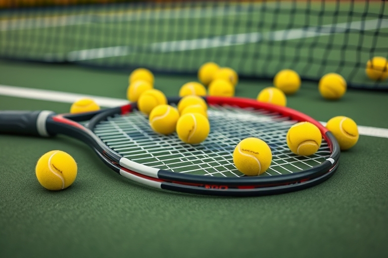 "A tennis racket lies abandoned on a vibrant green tennis court, surrounded by a burst of bright yellow tennis balls, with a blurred tennis net in the background, emphasizing the theme of a player's d