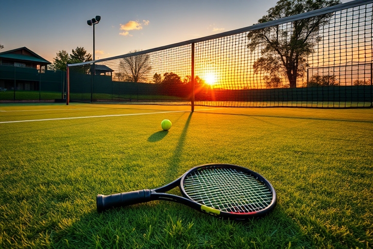 "Tennis court at sunset, vibrant green grass and bright yellow tennis balls scattered across the court, racket lying on the ground, tennis net in motion, dynamic blur of the net's shadow on the court.