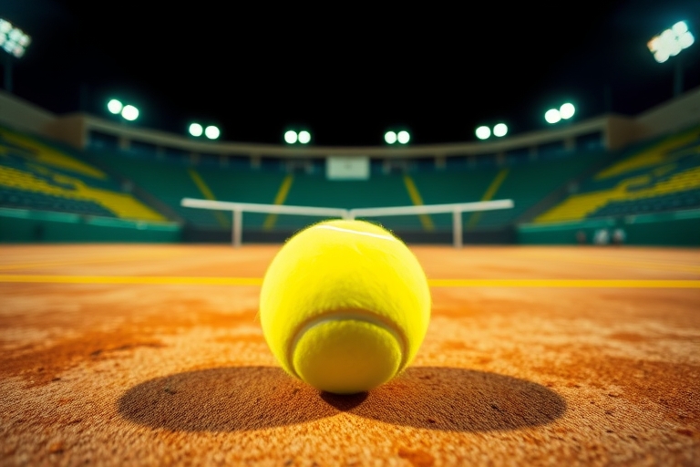 "A tennis ball bounces on a worn clay court with vibrant green stadium lights and yellow lines in the background, blurred tennis racket and strings in the foreground, dynamic motion blur effect."