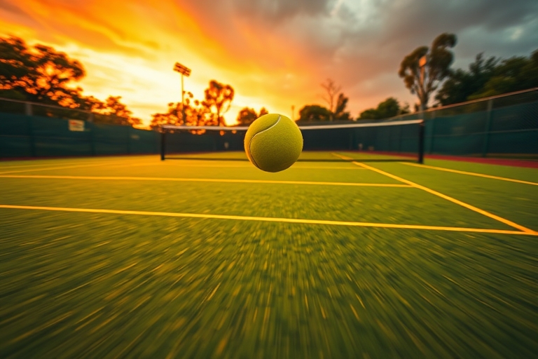 "Vibrant tennis court at sunset, neon yellow lines and green grass, tennis ball flying in mid-air, blurred motion, dramatic shadows, overcast sky with warm orange glow, dynamic composition, high-energ
