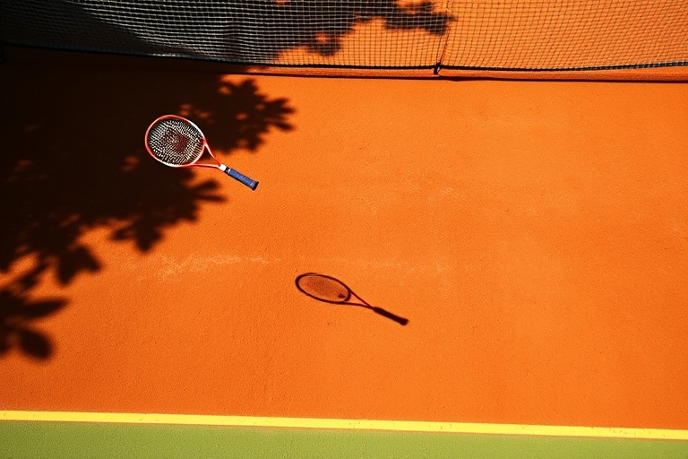 "A split-second moment on a tennis court: Tsitsipas' racket slices through the air, Swiatek's shadow falls on the clay as she leaps to the left, net in background, vibrant green grass and yellow lines