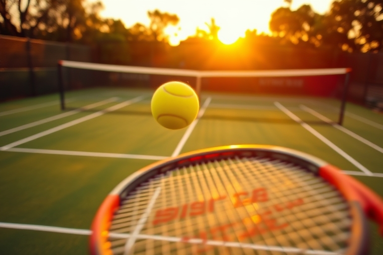 "Overhead shot of a tennis court at sunset, vibrant green grass and bright yellow tennis ball in mid-air, net in the background, blurred tennis racket in motion, dynamic blur effect, warm golden light